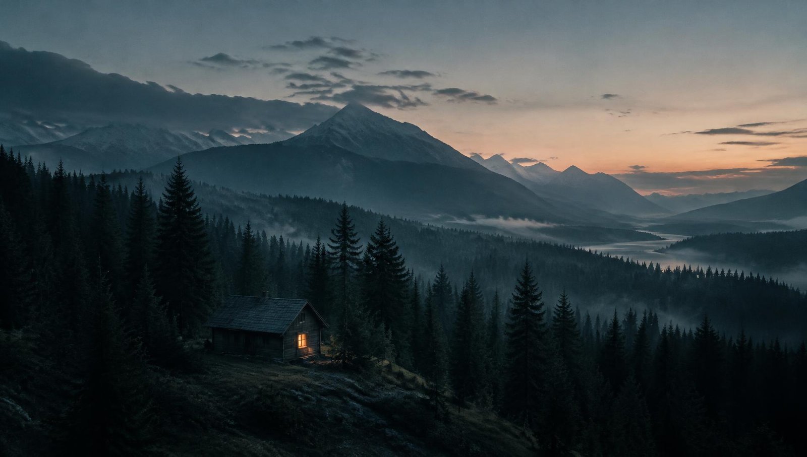 A lone cabin with one lit window in pine wilderness at dusk